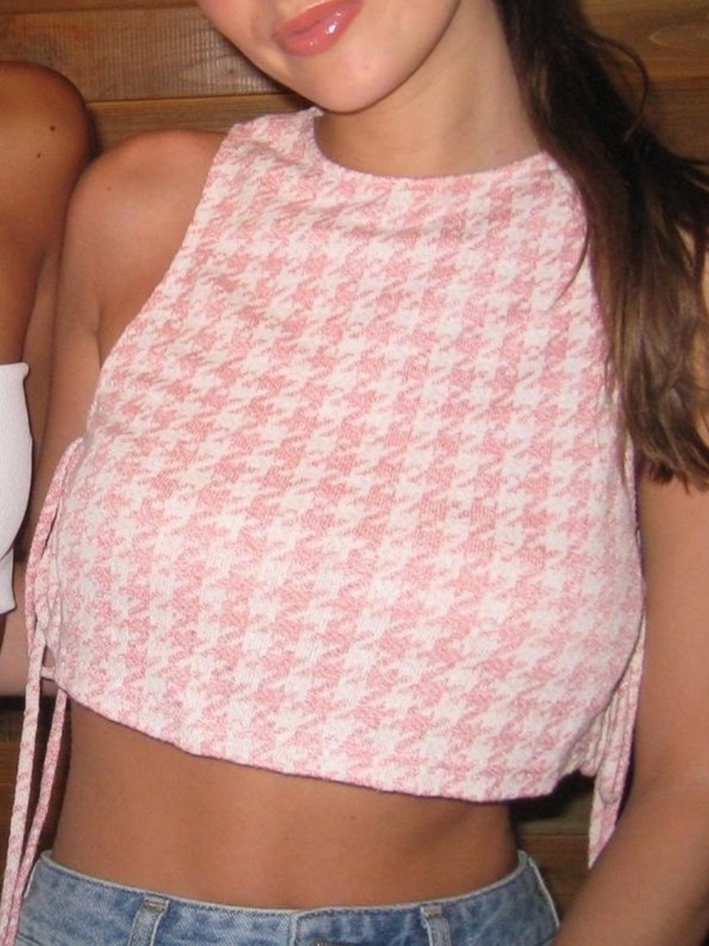 Zara Pink & White Houndstooth Knit Crop Top